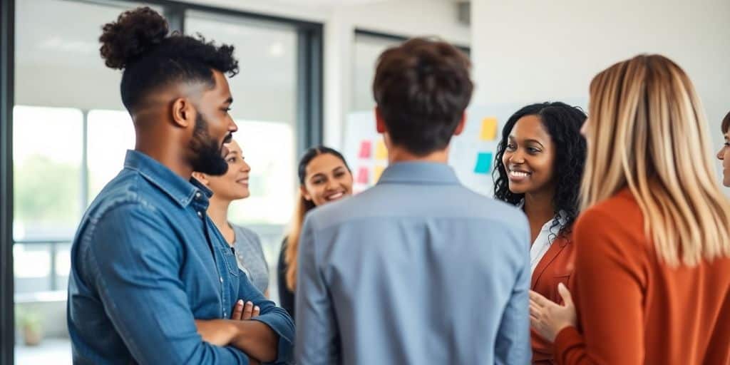 Diverse team collaborating in a bright modern office.